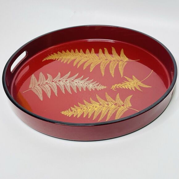VTG Gold Silver Lacquerware Fern Rust Red Round Serving Tray 13" Marusei Japan - Picture 2 of 12